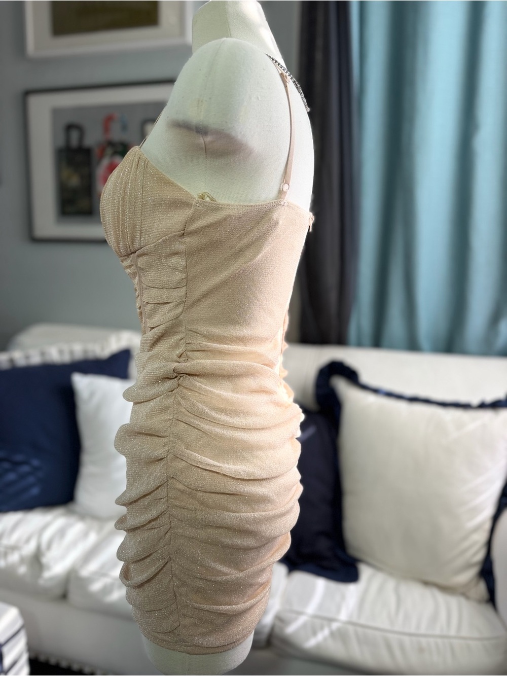 Champagne Shimmer Ruched Slip Dress in Nude - Picture 6 of 9